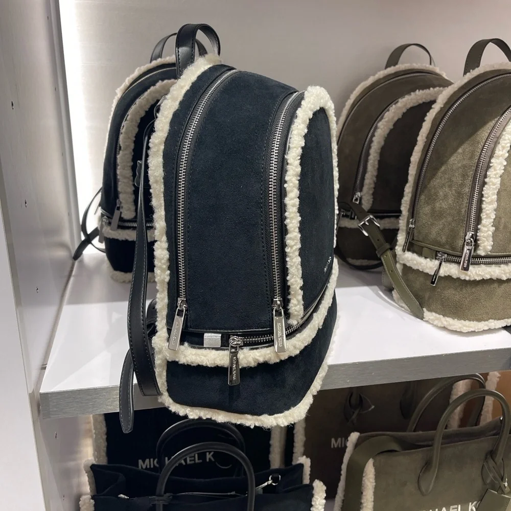MICHAEL KORS Rhea Medium Suede and Faux Shearling Backpack Black NWT